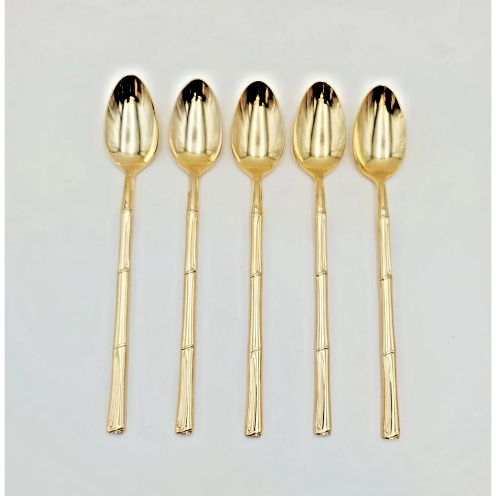Set 5 National Escapade Iced Tea Spoon Gold Stainless Steel Bamboo Handles JAPAN